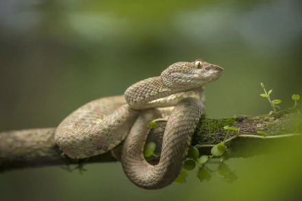 HD desktop wallpaper of a viper coiled on a branch, showcasing the detailed scales and alert eyes of this reptile in its natural environment.