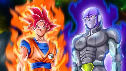 HD wallpaper featuring Goku and Hit from Dragon Ball Super, with Goku surrounded by an orange aura and Hit enveloped in a purple glow.