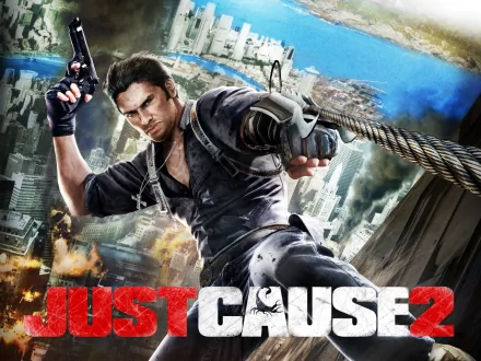 HD PC desktop wallpaper featuring the action-packed protagonist from the video game Just Cause 2, gripping a grappling hook against a cityscape backdrop.