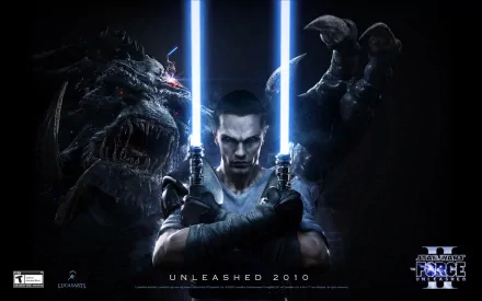 Starkiller from Star Wars: The Force Unleashed II wields dual lightsabers, facing an imposing creature against a dark background. A striking HD wallpaper for fans of the video game.