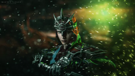 Woman cosplaying a Dragon Age: Inquisition warrior in ornate dark armor and crown, green magical glow and embers, cinematic HD PC desktop wallpaper/background.
