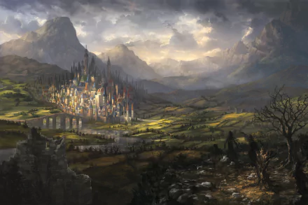 A detailed fantasy landscape HD wallpaper showing a vibrant city nestled by a river, surrounded by towering mountains under a dramatic cloudy sky.