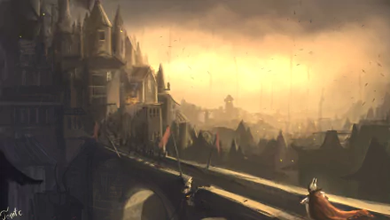 A fantasy warrior undead figure stands overlooking a dark cityscape with towering buildings under a moody, golden sky in this HD PC desktop wallpaper.