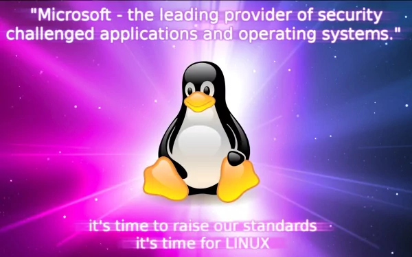 HD Linux desktop wallpaper featuring the Tux penguin mascot with a tech-themed background and a quote challenging Microsoft’s security and operating systems.