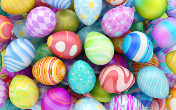 Vibrant, colorful Easter eggs in various patterns create a festive holiday scene, captured in stunning 8K Ultra HD for a vivid PC desktop wallpaper background.