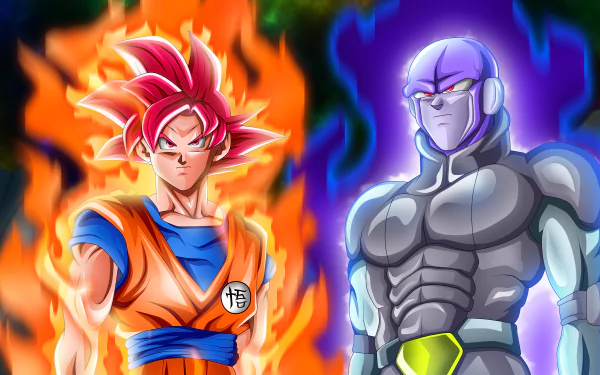 HD wallpaper featuring Goku and Hit from Dragon Ball Super, with Goku surrounded by an orange aura and Hit enveloped in a purple glow.