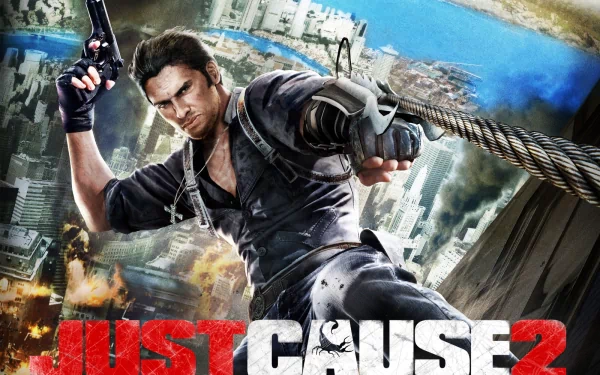 HD PC desktop wallpaper featuring the action-packed protagonist from the video game Just Cause 2, gripping a grappling hook against a cityscape backdrop.