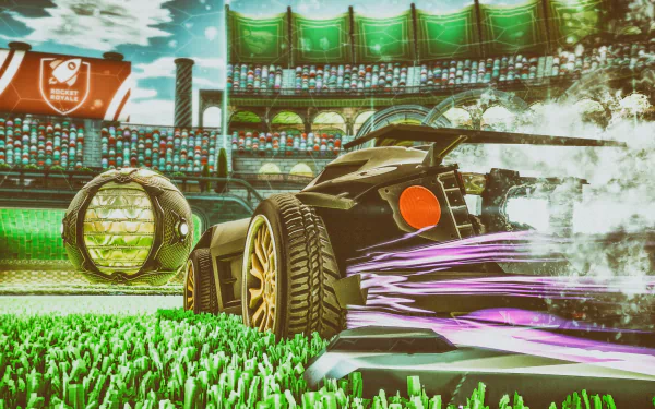 4K Ultra HD Rocket League scene showcasing a sleek car speeding on a vibrant grassy field inside a stadium filled with cheering fans.