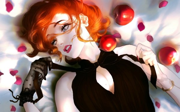 Anime Girl Redhead Apple Flower Blue Eyes Lipstick HD Wallpaper | Background Image