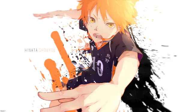 HD desktop wallpaper of Shōyō Hinata from the anime Haikyū!!, showcasing him in an action pose, with vibrant colors and dynamic background effects.