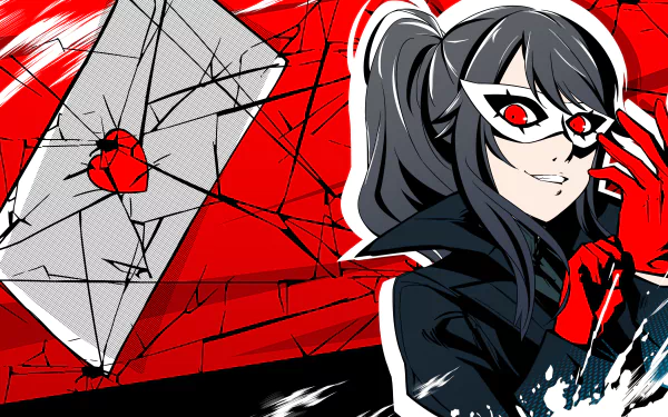 4K Ultra HD wallpaper featuring Ayano Aishi from Yandere Simulator in a Persona 5 crossover, with a shattered envelope and bold red and black color scheme.