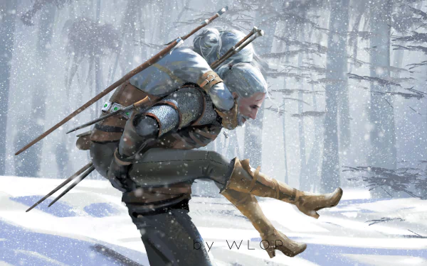 HD wallpaper featuring Ciri and Geralt of Rivia from The Witcher 3: Wild Hunt, with Ciri being carried through a snowy forest scene.