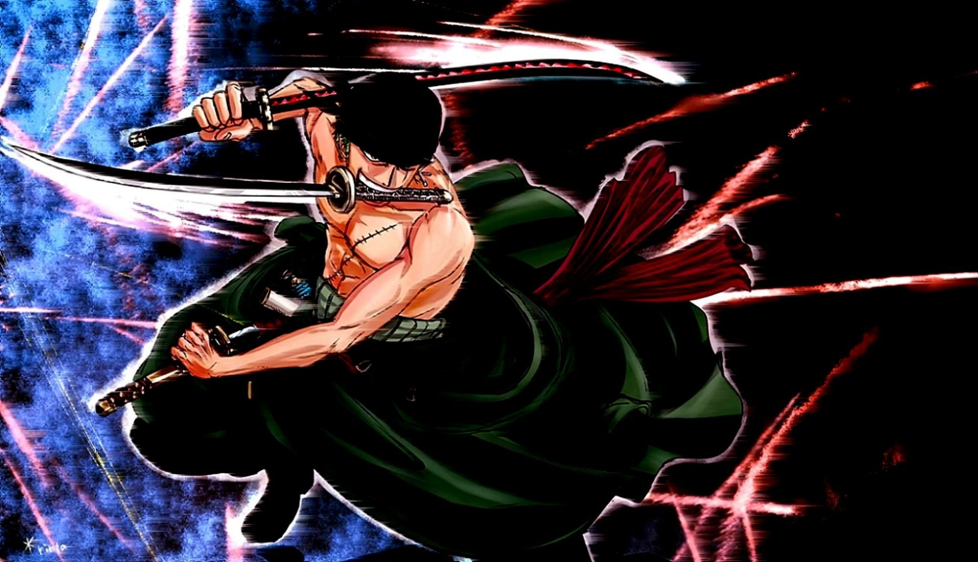 HD PC wallpaper of Roronoa Zoro from the anime One Piece, showcasing him in dynamic action wielding three swords with vibrant, energetic background effects.