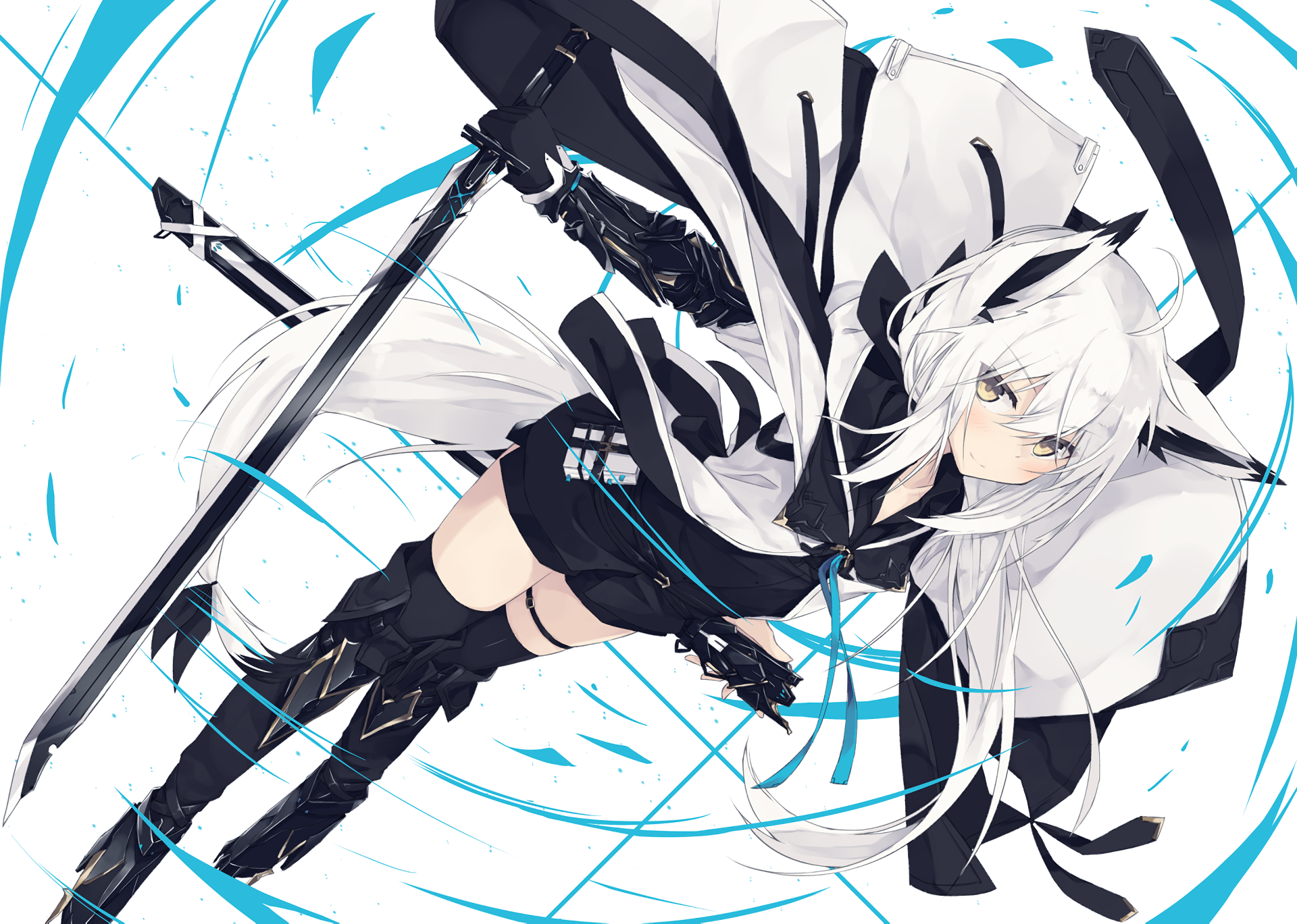 Anime character with white hair and nekomimi, wearing thigh highs, a cape, and wielding a sword. The image is an HD desktop wallpaper featuring an original illustration.