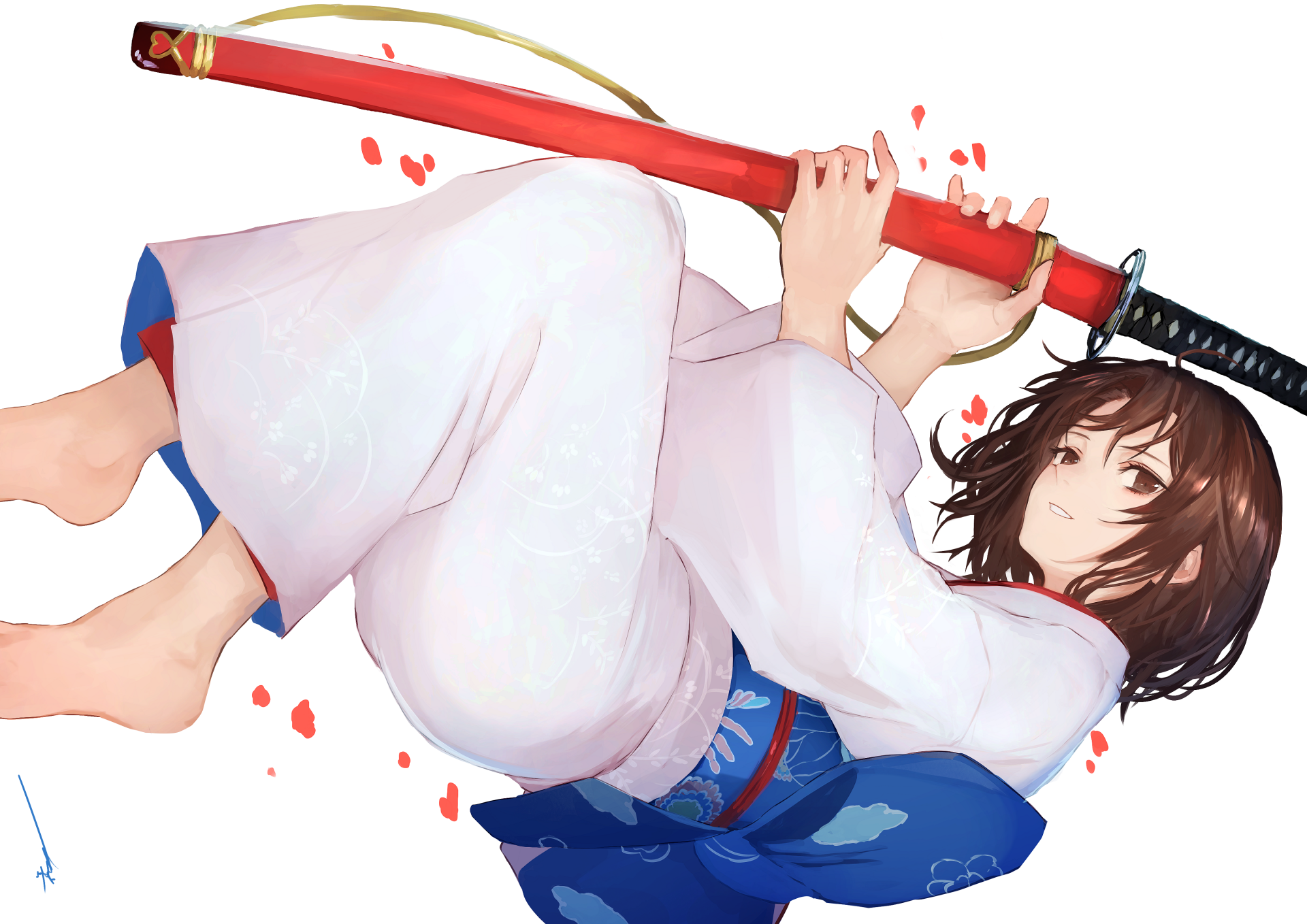 Shiki Ryougi from The Garden of Sinners in detailed anime style, holding a red katana, featured in a 4K Ultra HD PC desktop wallpaper and background.