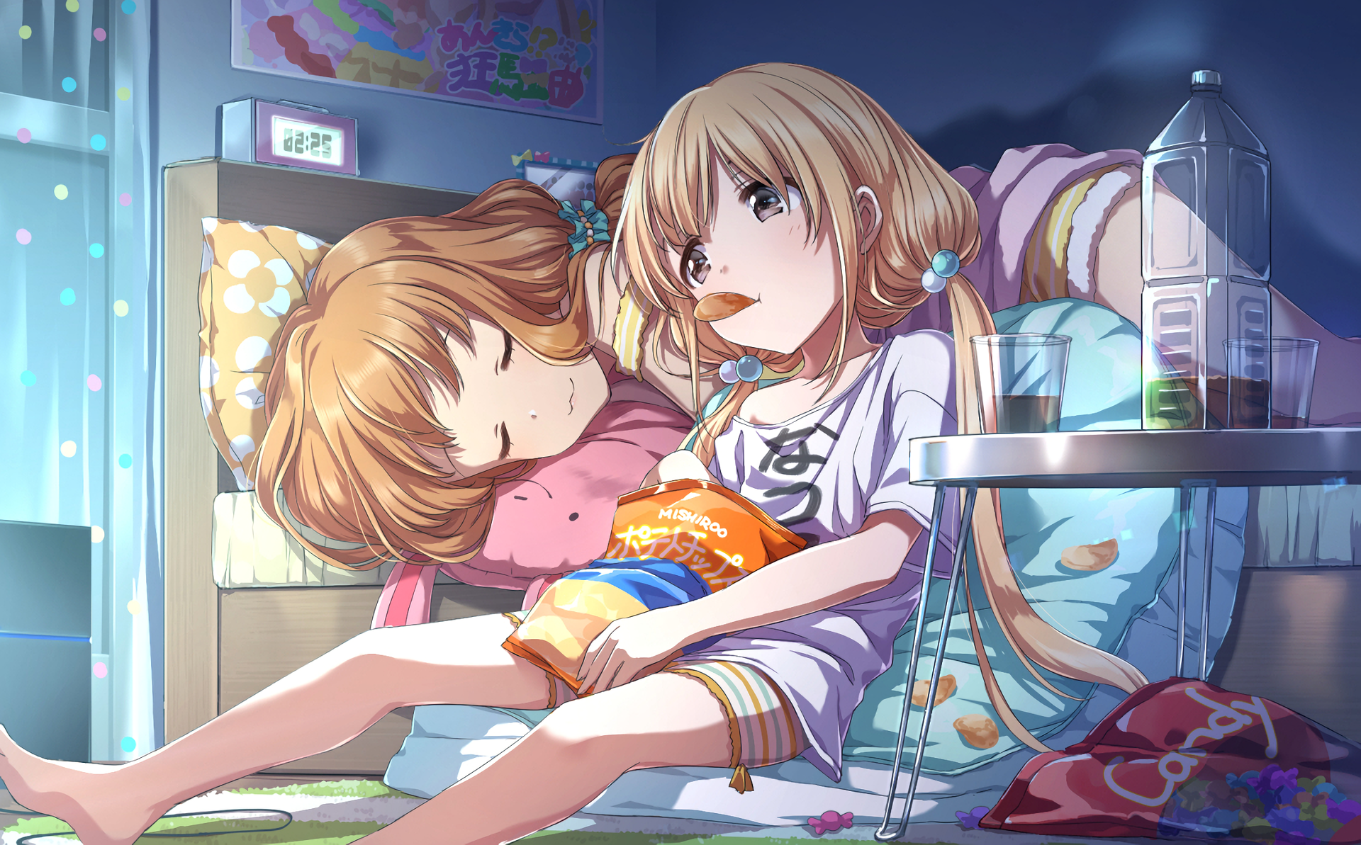 HD anime original artwork featuring two girls relaxing on a cozy bed in a softly lit room, designed as a vibrant PC desktop wallpaper and background.