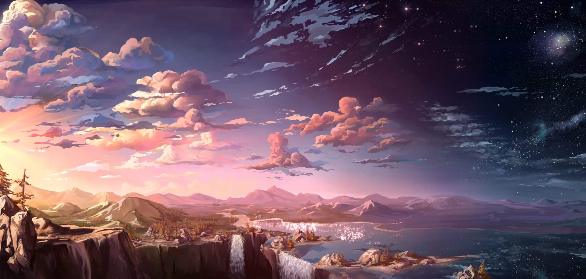 A high-definition artistic landscape with mountains, a waterfall, and a vibrant sky merging from sunset to night, presented as a desktop wallpaper background.