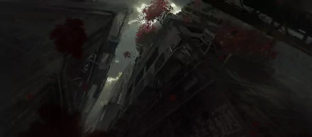 Dark Fantasy HD PC desktop wallpaper: a dark fantasy cityscape of tilted, ruined buildings draped in blood-red vines under a stormy, moonlit sky, ominous and gothic.