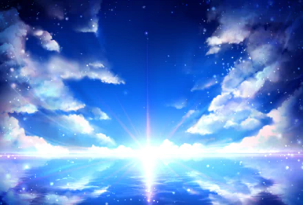 HD anime original wallpaper depicting a radiant sunrise over a calm ocean, with vibrant blue skies and scattered clouds reflecting on the water's surface.