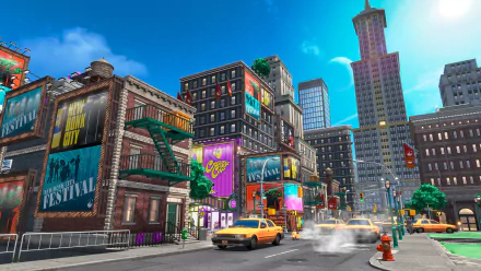 HD desktop wallpaper and background featuring a vibrant cityscape from Super Mario Odyssey, showcasing colorful buildings, billboards, and yellow taxis under a bright blue sky.