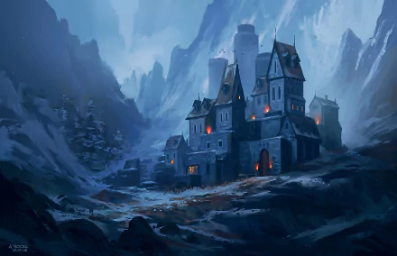 A fantasy castle nestled on a snowy mountain, surrounded by fog and towering peaks, creating a mysterious and atmospheric HD desktop wallpaper.