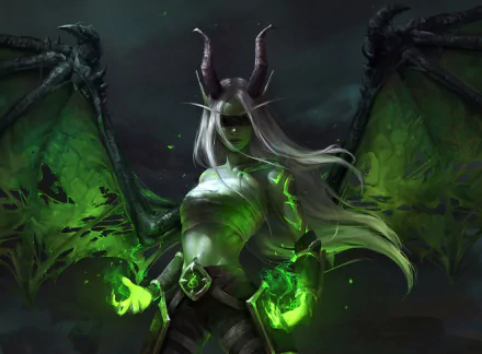 HD fantasy wallpaper of a demon with white hair, dark horns, and large wings, casting green flames against a dark background.