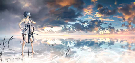 HD anime wallpaper featuring an original character playing the cello, standing in serene water against a stunning sunset sky and cloud reflection background.