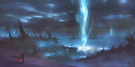 HD fantasy PC desktop wallpaper depicting a dark, mystical landscape illuminated by a powerful, magical blue energy beam striking from the sky.