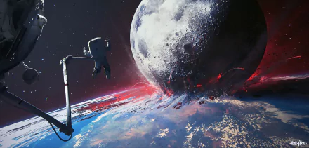 A stunning HD Sci-Fi wallpaper depicting an astronaut in space witnessing a dramatic moon collision with Earth against a star-studded galaxy background.