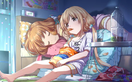 HD anime original artwork featuring two girls relaxing on a cozy bed in a softly lit room, designed as a vibrant PC desktop wallpaper and background.