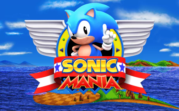 HD desktop wallpaper featuring Classic Sonic with Sonic Mania logo, set against a vibrant backdrop with blue skies and an island.