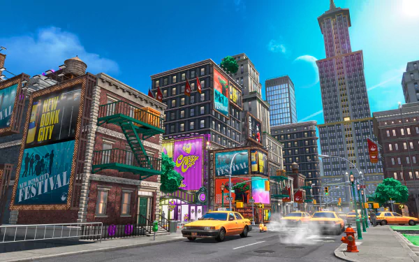 HD desktop wallpaper and background featuring a vibrant cityscape from Super Mario Odyssey, showcasing colorful buildings, billboards, and yellow taxis under a bright blue sky.