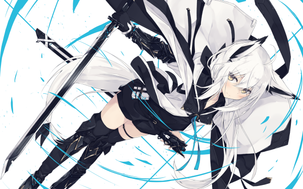Anime Original Nekomimi White Hair Thigh Highs Sword Cape HD Wallpaper | Background Image