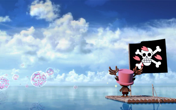 HD anime desktop wallpaper featuring Tony Tony Chopper from One Piece standing on a raft holding a pirate flag against a serene sky and ocean backdrop.