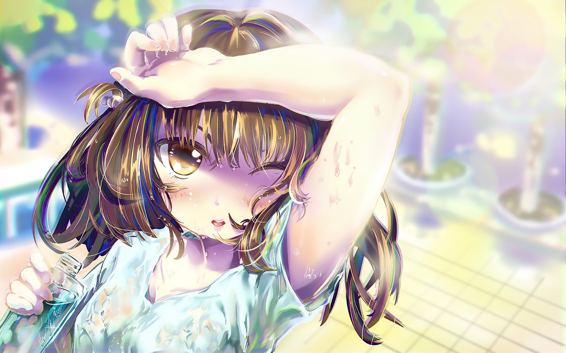 Anime original HD PC desktop wallpaper: wet-haired girl winking, arm over forehead, holding a water bottle in a sunlit park with bokeh lights and pastel tones.