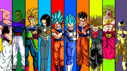 HD desktop wallpaper featuring characters from Dragon Ball Super, showcasing an array of vivid colors and dynamic poses.