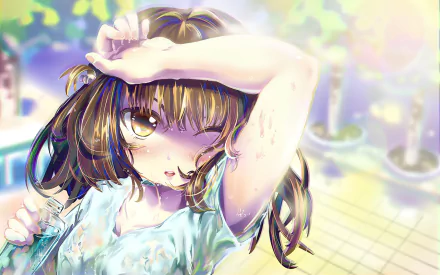Anime original HD PC desktop wallpaper: wet-haired girl winking, arm over forehead, holding a water bottle in a sunlit park with bokeh lights and pastel tones.