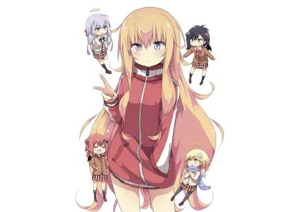 HD anime desktop wallpaper featuring Tapris Sugarbell Chisaki, Raphiel Shiraha Ainsworth, Gabriel Tenma White, Vignette Tsukinose April, and Satanichia Kurumizawa McDowell from Gabriel DropOut.