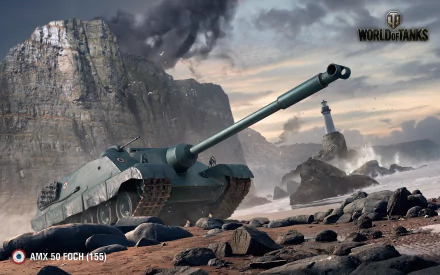 HD PC desktop wallpaper featuring the AMX 50 Foch (155) tank from the World of Tanks video game, set against a rugged coastal landscape with cliffs and a lighthouse.