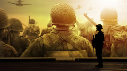 HD desktop wallpaper and background featuring a scene from the video game Call of Duty: WWII, depicting soldiers in battle gear with an army theme and atmospheric sunset lighting.