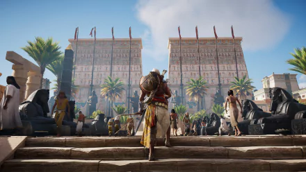 HD wallpaper featuring the character Bayek of Siwa from the video game Assassin's Creed Origins walking up stairs in an ancient Egyptian setting, with two towering buildings and palm trees in the background.