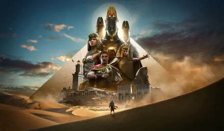 HD desktop wallpaper for “Assassin's Creed Origins” featuring Bayek of Siwa, Julius Caesar, Cleopatra, and Ptolemy XIII, set against an ancient Egypt backdrop with a pyramid and a gigantic Egyptian statue.