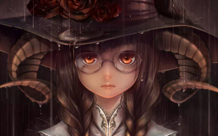 HD desktop wallpaper featuring a fantasy character with a large hat adorned with roses, glasses, braids, and horns, giving a witch-like appearance.