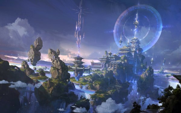 Fantasy City Landscape Waterfall Beam Oriental HD Wallpaper | Background Image