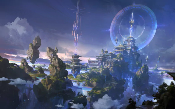 HD fantasy wallpaper of an oriental city on rocky islands with waterfalls, beaming light structures, and a mesmerizing landscape surrounding it.