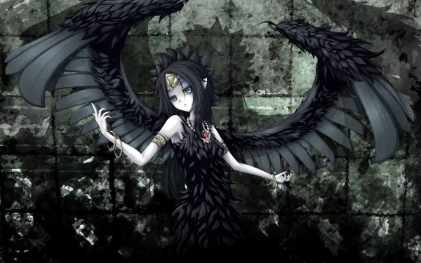HD PC wallpaper of Fabled Grimro, a dark angel from Yu-Gi-Oh!, featuring detailed black wings and anime-style design against a textured background.