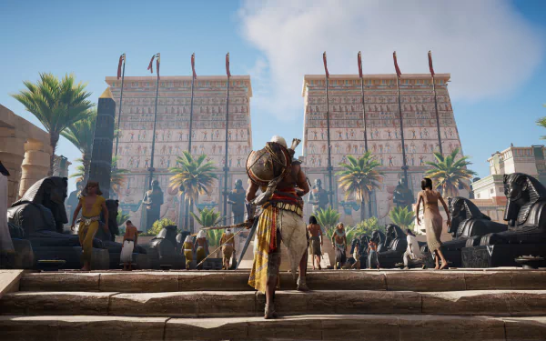 HD wallpaper featuring the character Bayek of Siwa from the video game Assassin's Creed Origins walking up stairs in an ancient Egyptian setting, with two towering buildings and palm trees in the background.