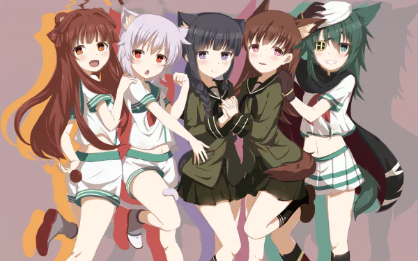 2K Quad HD PC desktop wallpaper/background of Kantai Collection: anime characters Ooi, Tama, Kitakami, Kuma and Kiso posing together in sailor and military outfits.