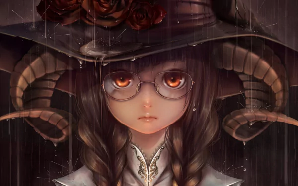 HD desktop wallpaper featuring a fantasy character with a large hat adorned with roses, glasses, braids, and horns, giving a witch-like appearance.