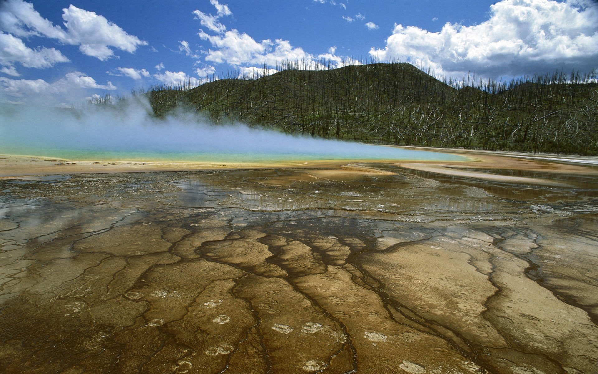 HD PC desktop wallpaper: panoramic nature landscape showing steaming turquoise thermal pool, mineral terraces in foreground and forested ridge under blue sky.